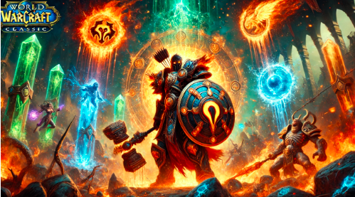 A WoW Classic Shaman wielding the epic shield Terrestris, surrounded by glowing elemental totems, engaging in a dynamic Blackwing Lair encounter.
