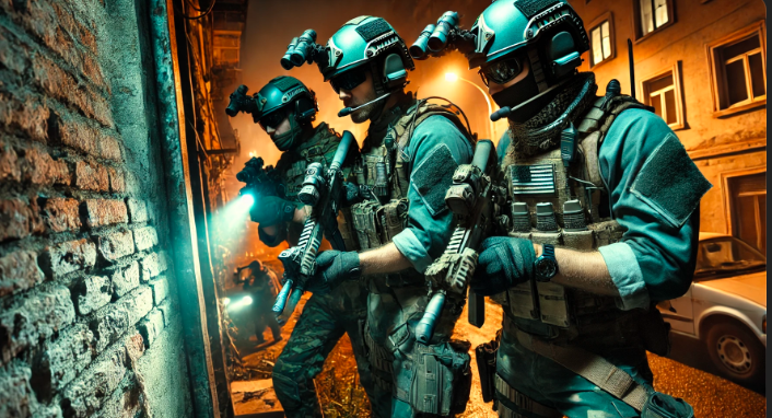 SEAL Team 6 operatives conducting a precision nighttime raid in an urban setting, showcasing their expertise and advanced tactics.