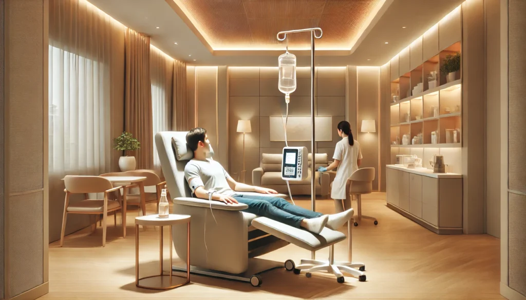 DALL·E 2025-02-15 16.20.49 - A modern IV therapy clinic with a relaxing atmosphere. A patient is seated in a comfortable reclining chair, receiving IV fluids through a thin tube c