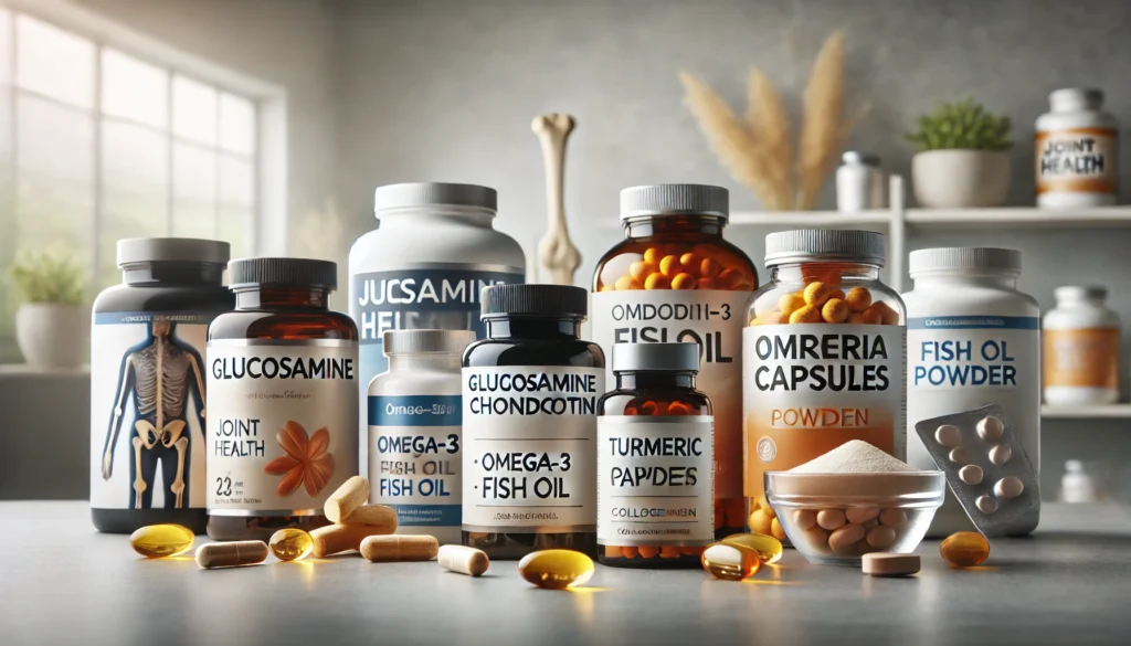 DALL·E 2025-02-15 16.24.15 - A collection of joint health supplements displayed on a clean, well-lit surface. The assortment includes bottles of glucosamine, chondroitin, omega-3